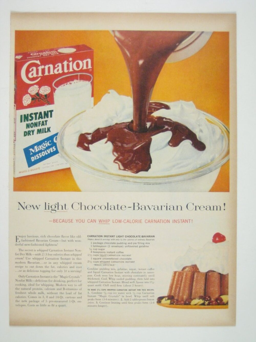 Carnation 1950s Vintage Magazine Advertisement Chocolate Bavarian Cream Recipe